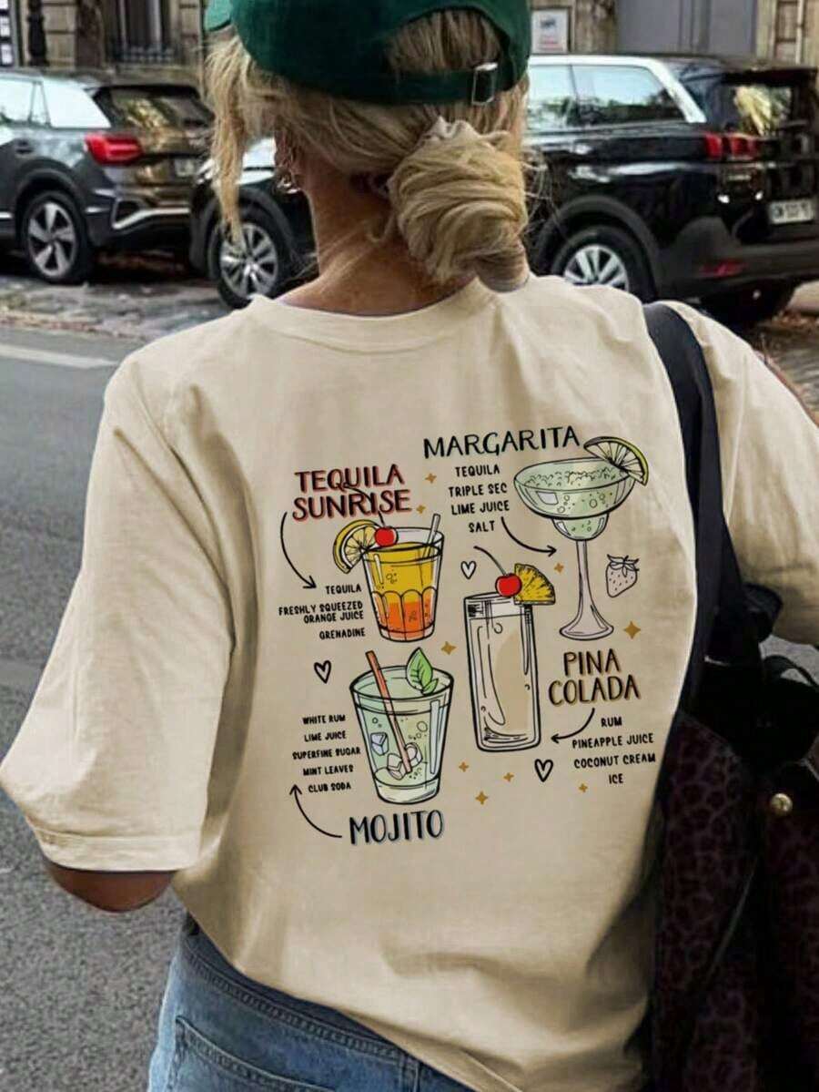 Women's Short Sleeve Crew Neck T-Shirt With Graphic Slogan For Summer Cocktail Party, Casual And Versatile Style For Holidays, Summer Fashion For Everyday Wear And Vacation In White - Vintage Street Style Unisex Cotton Short Sleeve Crew Neck T-Shirt - 杏 - 查看 1