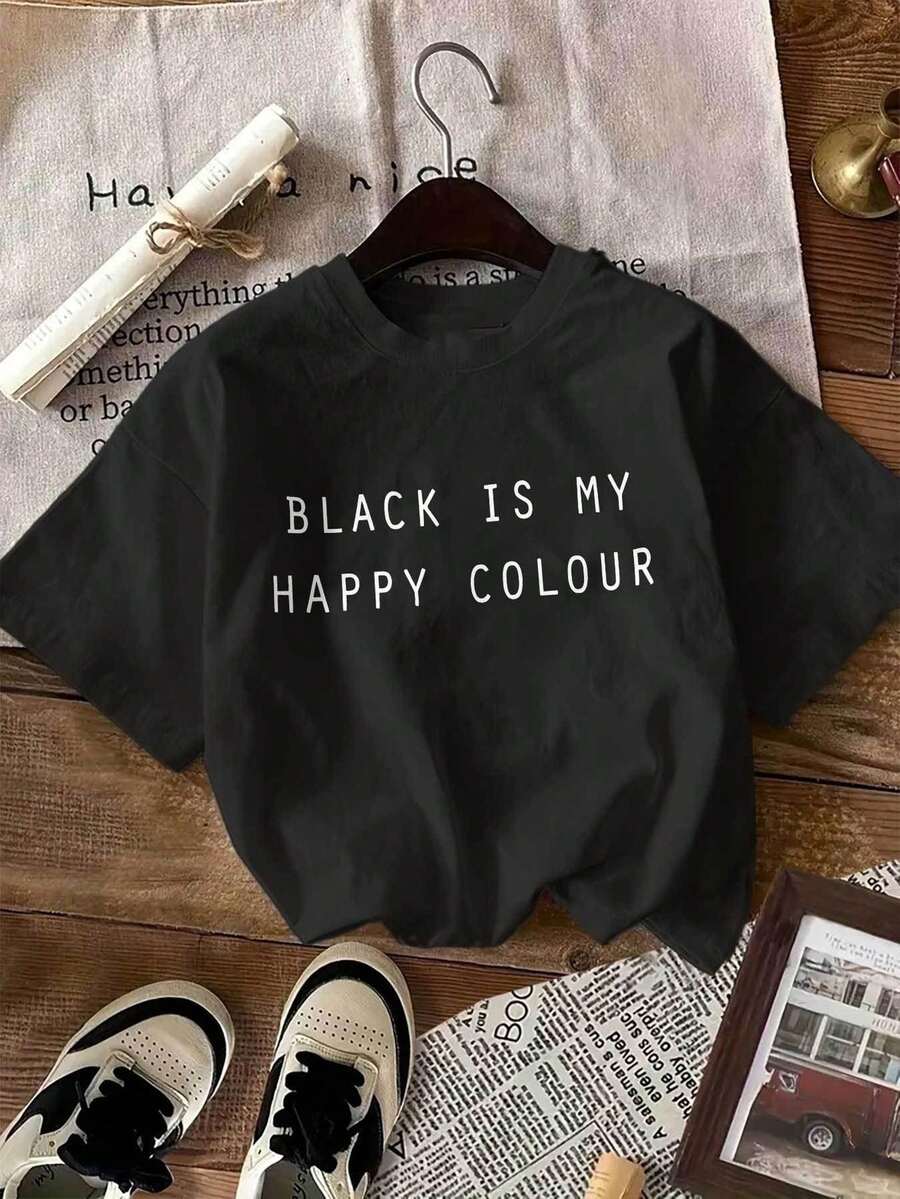 Women's Black T-Shirt - Graphic "Black Is My Happy Color", Casual Round Neck T-Shirt, Soft And Comfortable For All Seasons, Perfect For Casual Wear Or Parties, Breathable Summer Top, Ladies' T-Shirts - 黑色 - 查看 1