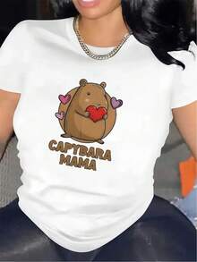 Women's Short-Sleeved T-Shirt With Capybara Mama Design | Made Of Durable Fabric, With A Round Neck And Medium Elasticity, Perfect For Casual Wear At Home Or Outdoors, Lightweight And Comfortable, For Everyday Use In Living Rooms Or Cafes. - 白色 - 查看 6