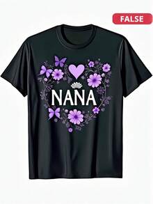 Camiseta Nana con estampado de mariposas y flores, suave y casual, regalo del Día de la Madre, cuello redondo para con diseño morado y azul, para fiestas, playa, deportes y ropa de exterior | Ropa casual para toda temporada, TALLA GRANDE - Negro - Ver 2