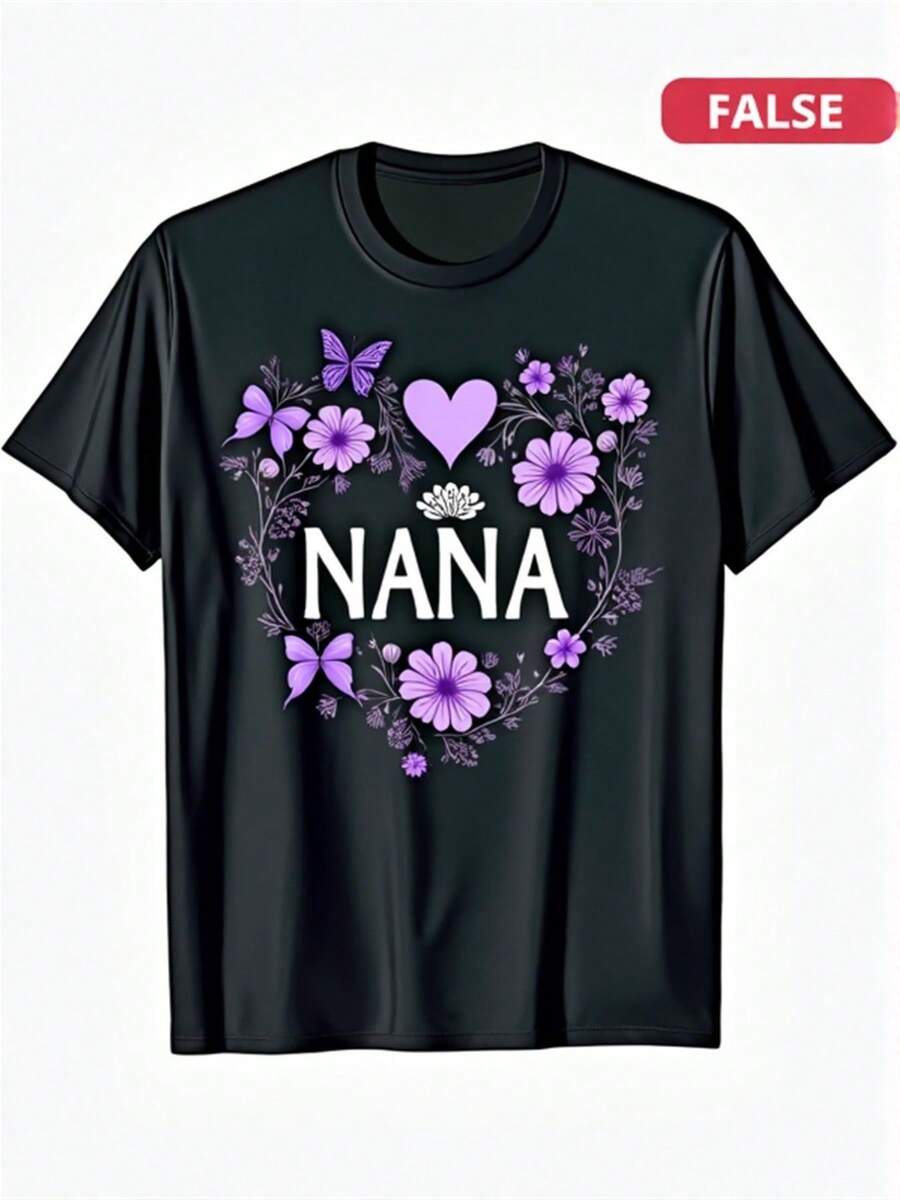 Camiseta Nana con estampado de mariposas y flores, suave y casual, regalo del Día de la Madre, cuello redondo para  con diseño morado y azul, para fiestas, playa, deportes y ropa de exterior | Ropa casual para toda temporada, TALLA GRANDE