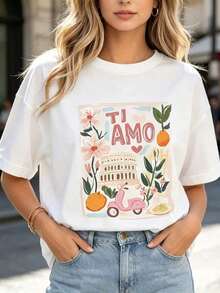 Women's Casual Short Sleeve T-Shirt - Italian Style With TI AMO Print, Pink Scooter, Floral And Fruity, White, 100% Cotton, Durable - 白色 - 查看 7