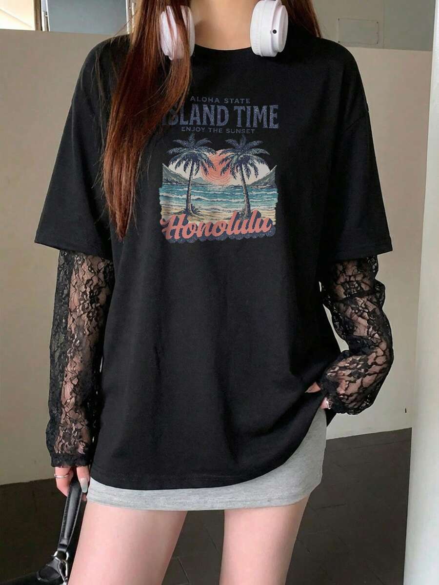 Áo thun nữ Star River Girl mùa xuân hè thu bốn mùa, phối ren, tay dài, cổ tròn, dáng rộng, họa tiết phong cảnh hoàng hôn trên bãi biển, thời trang. - 2A10 Đen - KJ0390 - Xem 1