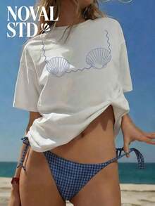NOVAL Más Vendido 2026, Camiseta de Manga Corta de Algodón 100% con Estampado Gráfico de Conchas de Bikini para Mujer, Estilo Casual de Vacaciones, Holgada, Multifuncional, Cuello Redondo, Top Moderno para el Día a Día, Ropa de Verano para Mujer. camisetas de mujer algodón - Estilo - Ver 1