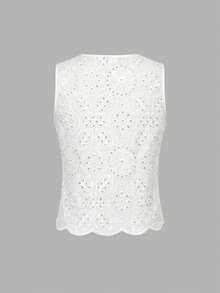 EARO Damen weißes besticktes Cut Out reguläre Länge halbtransparentes Knopf-Camisole, modisch und elegant vielseitig lässig Sommer - Weiss - Übersicht 5