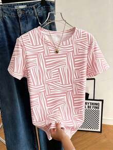 New Women's Summer Casual T-Shirt With Asymmetrical Pink Print, Round Neck, Loose Fit, Short Sleeves, Casual T-Shirt, Holiday T-Shirt, Everyday Casual Style, For Going Out, Vacation Style - 彩色 - 查看 6