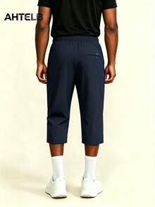AHTELB Men's Summer Thin Ice Silk 3/4 Pants, Loose Straight Casual Mid-Length Trousers, Elastic Waist Drawstring Design Sports - Navy Blue - View 2