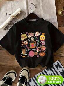 Plus Size Women's Short Sleeve T-Shirt With Mexican Pastry And Drink Prints, Featuring A "It's The Season" Design, Ideal For A Cultural And Cozy Look. - 黑色 - 查看 7