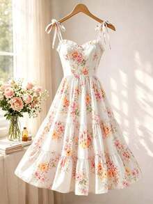 Vestido de tirantes con volantes, estampado floral y dobladillo escalonado para vacaciones de verano en la playa de las mujeres - Rosa - Ver 3