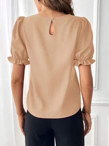 Blusa con mangas abullonadas, blusas de manga corta - Caqui - Ver 2