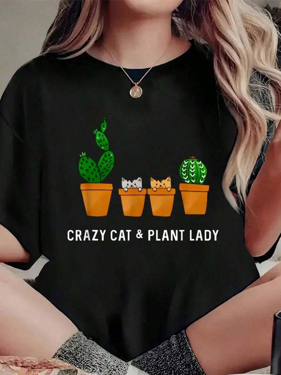 Camiseta con estampado de cactus, suculenta, regalo para amantes de plantas, camiseta casual de cuello redondo y manga corta para verano. - Negro - Ver 1