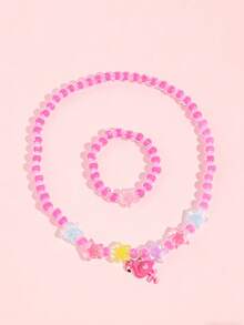2pcs/Set Girls Cute Cartoon Flamingo Pendant Necklace Beaded Bracelet Jewelry Set, Random Color, Suitable For Girls Vacation Casual And Daily Wear, Perfect Gift - one-size - View 6