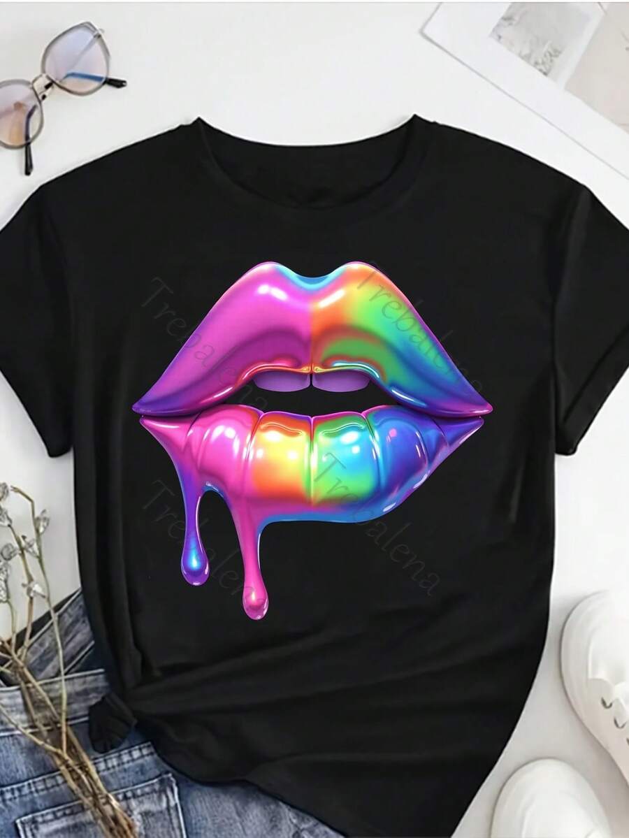 Plus Size T-Shirt With Round Neck, Rainbow Lips Print And Drop Design, Colorful, Fun And Fashionable T-Shirt, Plus Size T-Shirt For Women, Short Sleeve T-Shirt, Fashionable Casual Top, Women's Clothing For Spring/Summer, Mother's Day/Anniversary/June 10, Sizes 0X-4X. - 黑色 - 查看 1
