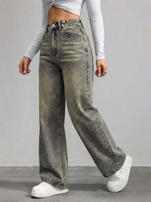 Jeans de mezclilla de pierna ancha recta de diseño simple con cintura alta para mujeres a la moda - Lavado ligero 2 - Ver 3