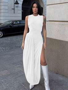 Sleeveless Dress With Round Neck, Pleats, Slit, Fitted Cut, Elegant Modern Unique Style For Women - White - View 6