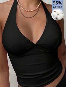 Moderno top sólido con diseño calado, cuello halter y escote en V para mujer - Negro 2 - Ver 4