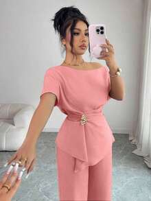 onjunto de primavera/verano para mujer con pantalón ancho de una sola manga con hebilla metálica en la cintura, adecuado para uso diario, bodas, galas, ir al trabajo, fiestas de graduación, vacaciones, citas, fiestas, Halloween, Navida - Rosa - Ver 7