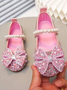 Girls' Multi-Color Rhinestone Butterfly Princess Shoes, Pearl Decor Soft Sole Shoes, Casual Wear For Spring, Summer, Autumn, School, Date - Pink - View 4
