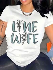 Women's Round Neck T-Shirt, Wife Graphic Print, Short Sleeve, Casual Blouse, Shirt > Beautiful. - 白色 - 查看 1
