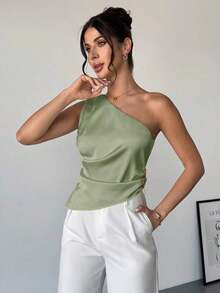 Blusa plisada elegante, romántica y de estilo sexy sin mangas, adecuada para fiestas, vacaciones y uso diario - verde menta - Ver 7