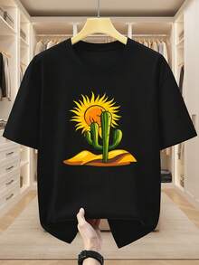 Camiseta de Hombre Talla Grande 100% Algodón con Estampado de Cactus y Sol del Desierto - Manga Corta, Cuello Redondo, Estilo Casual de Verano con Diseño de Cactus, Lavable a Máquina para Uso en Primavera, Verano y Otoño al Aire Libre (tallas grandes), TALLA GRANDE - Negro - Ver 6