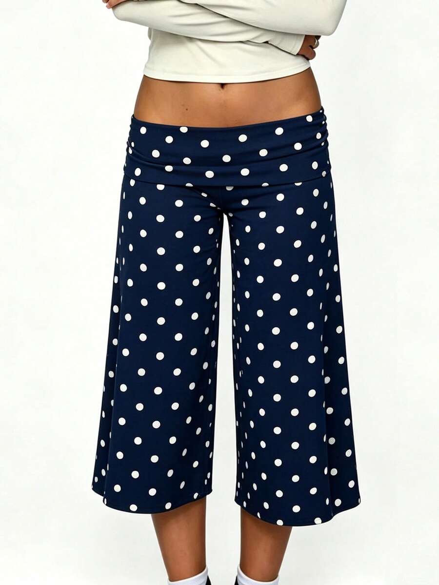 Women Casual Fold Over Loose Fit Capri Pant Leg Cropped Flowy Cotton Gaucho Pants Comfy Casual Yoga Coluttes Pajama Bottom Soft Comfortable Cropped Trouser Lounge Sleepwear Bottoms - 寶藍色 - 查看 1
