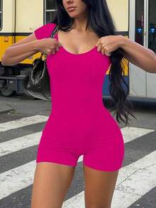 Mono de mujer , escote en U, silueta minimalista, ropa interior moldeadora cómoda, casual, sexy, versátil para exteriores, viajes, fiesta en la playa, vacaciones en el campo, vacaciones, Pascua, graduación, regreso a la escuela, mono de verano, ajust - Rosa Fucsia - Ver 1