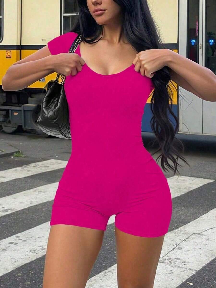 Mono de mujer , escote en U, silueta minimalista, ropa interior moldeadora cómoda, casual, sexy, versátil para exteriores, viajes, fiesta en la playa, vacaciones en el campo, vacaciones, Pascua, graduación, regreso a la escuela, mono de verano, ajust - Rosa Fucsia - Ver 1