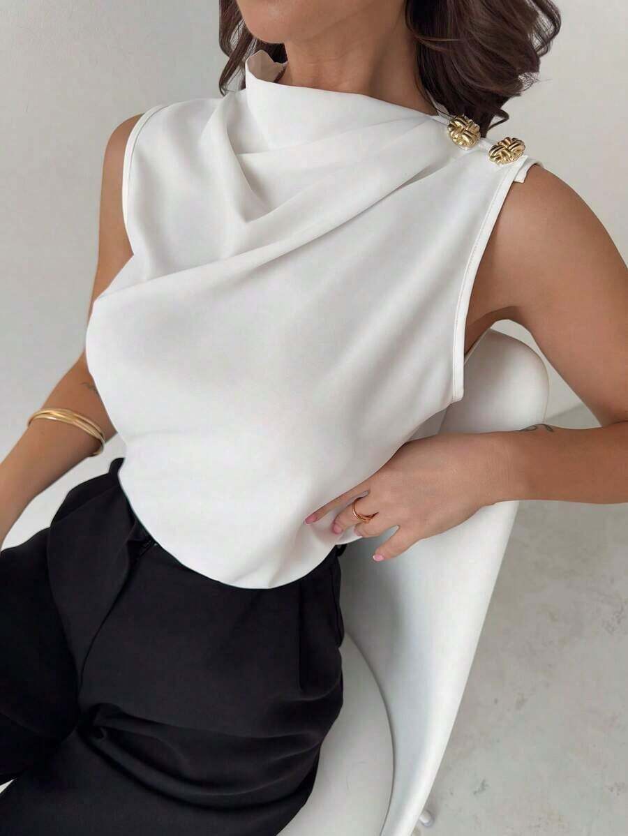 Camisa de oficina blanca sin mangas con cuello plisado asimétrico y botones metálicos, elegante y versátil para el uso diario, primavera/verano - Blanco - Ver 1
