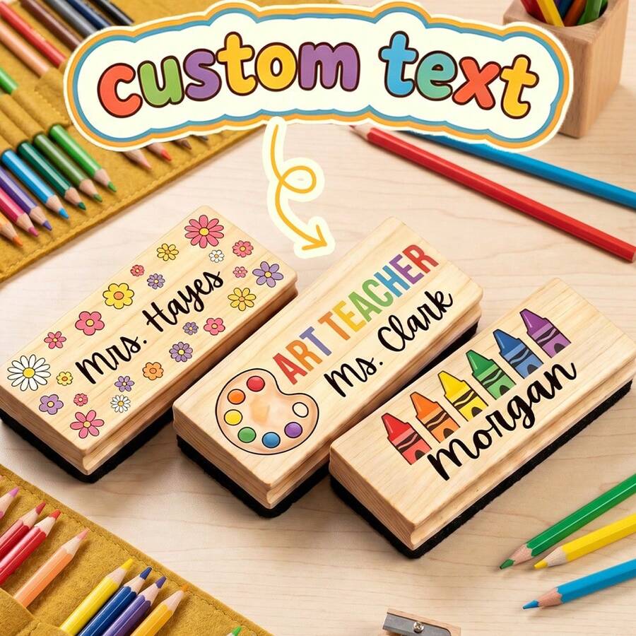 1pc Custom Text Wooden Teacher Whiteboard Eraser, Personalized Name Blackboard Duster, Customizable Slogan Art Teacher Gift, Crayon / Paint Palette / Flower Hand-Drawn Pattern Design, Natural Wood With Black Sponge Eraser - Model 1 - View 1