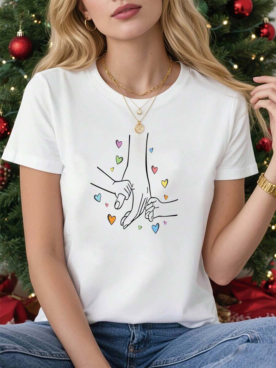 "Mom And Hands" Mother's Day Print T-Shirt, Casual Short-Sleeved Crew Neck Top, Suitable For Summer And Spring, Women's Clothing. QE3F - 白色 - 查看 1