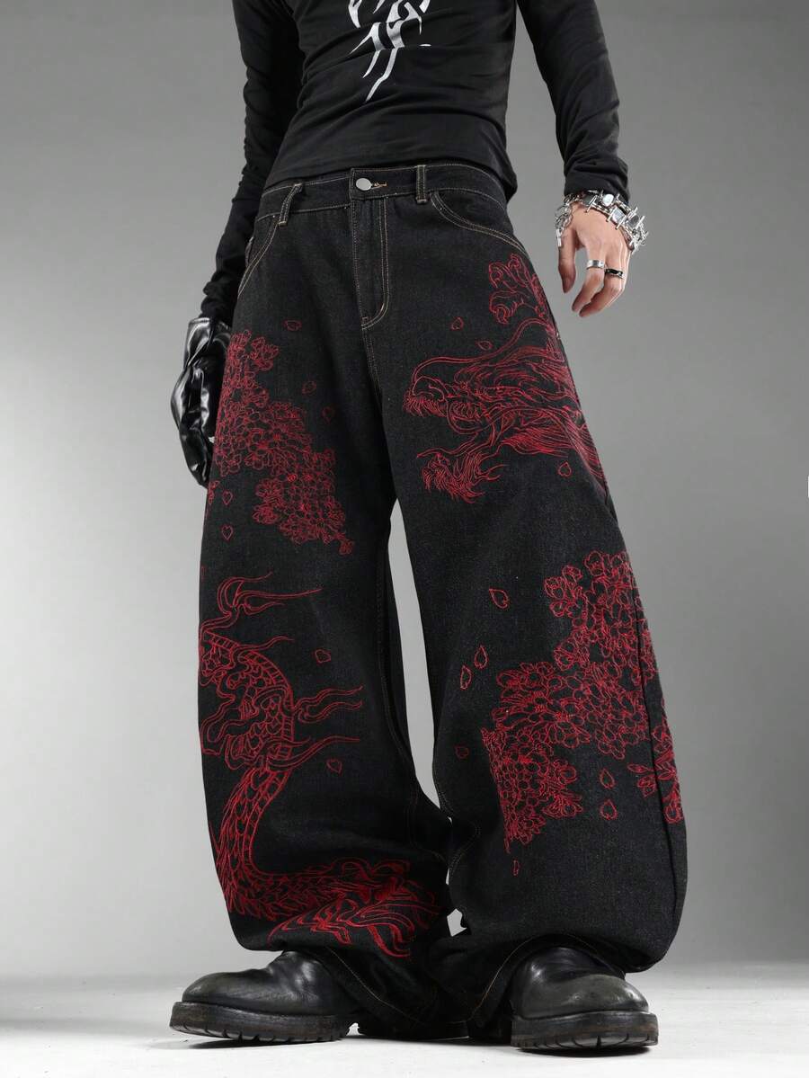 Quần jeans nam màu đen, thêu hình rồng trước và sau, phong cách đường phố Hồng Kông cổ điển, quần ống rộng đa năng phù hợp mọi mùa (Không bao gồm thắt lưng và phụ kiện) - màu đen - Xem 1