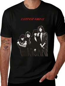 Men's And Women's Retro Couple Print T-Shirt With Bold 'Electric Angels' Text, Soft, Essential For Casual Urban Wear In All Seasons, Versatile Style For Every Season, Affordable Everyday Wear And Perfect Gift For Fans And Friends. With A Crisp, Flattering Cut, This Garment Creates A Clean And Vibrant Look. Its Relaxed Yet Flattering Silhouette Suits All Body Types, Offering A Style That Is Both Casual And With A Touch Of Elegance. - 黑色 - 查看 1