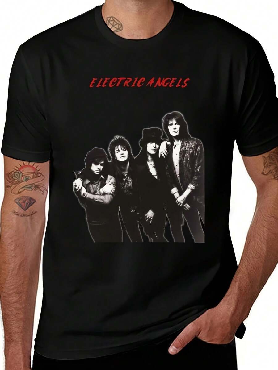 Men's And Women's Retro Couple Print T-Shirt With Bold 'Electric Angels' Text, Soft, Essential For Casual Urban Wear In All Seasons, Versatile Style For Every Season, Affordable Everyday Wear And Perfect Gift For Fans And Friends. With A Crisp, Flattering Cut, This Garment Creates A Clean And Vibrant Look. Its Relaxed Yet Flattering Silhouette Suits All Body Types, Offering A Style That Is Both Casual And With A Touch Of Elegance. - 黑色 - 查看 1