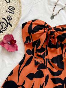 Women's Summer Jumpsuit With A Watercolor Silhouette Print, Suitable For Vacations, Cruises, Carnivals, And Resorts. Features A Front Knot And Open Back, A Loose Fit, And Is Perfect For Parties, Dates, Valentine's Day, And Layering. - 橘色 - 查看 4