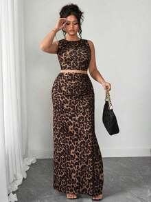 Conjunto de dos piezas de top de tirantes y falda con estampado de leopardo talla grande, sexy pero apropiado para el uso diario y el transporte - Caqui - Ver 7