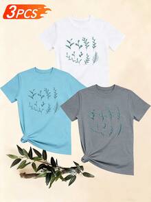 Women's T-Shirts, Women's T-Shirts, Casual One-Piece T-Shirt With Plant Leaf Print, Comfortable Cotton Top With Round Neck And Short Sleeves, Everyday Wear For Women. - 1件白色隨機圖案 - 查看 6