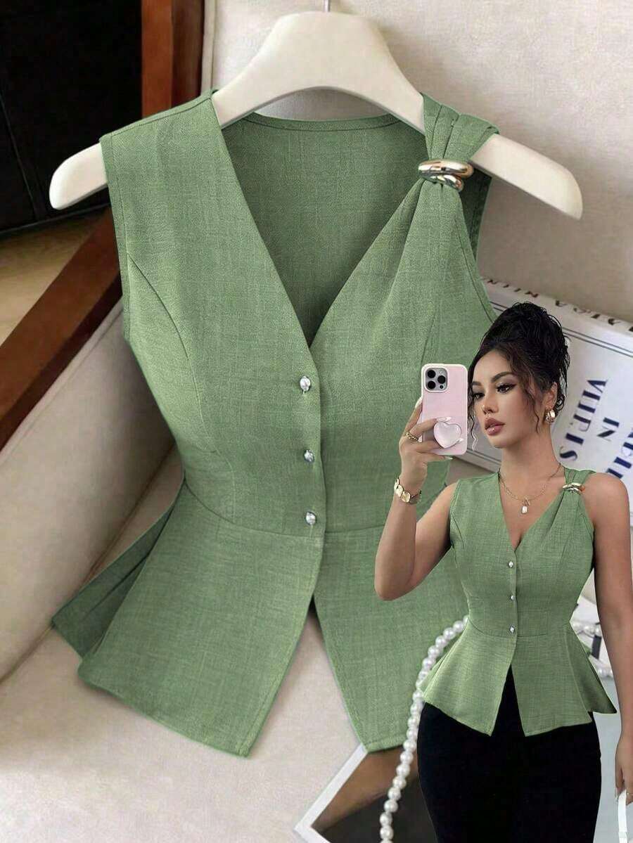 Nueva llegada Blusa de verano minimalista y elegante para mujer con diseño de hebilla de metal, cuello en V sin mangas y cintura ceñida a rayas de algodón cómodo - Verde - Ver 1