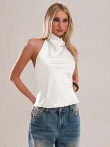 Parte superior de mujer de unicolor con escote pronunciado y espalda descubierta, top de mujer, blusa blanca de mujer, blusas y tops de mujer Xrlq9, ropa de mujer, camisetas de mujer, top de verano - Blanco - Ver 7