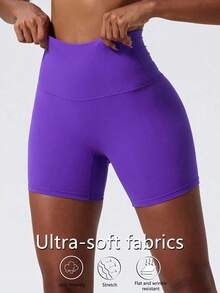 1 pieza Pantalones cortos de yoga elásticos de color nude, adecuados para correr, fitness, ciclismo y otros deportes, pantalones cortos ajustados transpirables y de secado rápido para mujeres en color negro - Morado - Ver 1
