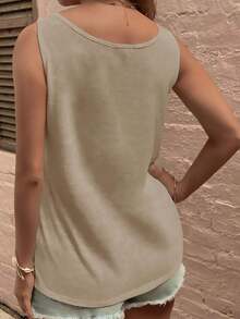 Camiseta sin Mangas Casual de Cuello Redondo con Diseño de Botones, Talla Grande, Verano - Caqui - Ver 2