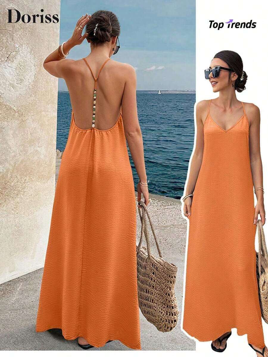 Vestido largo elegante de mujer con tirantes finos, espalda descubierta y lentejuelas, adecuado para fiestas, bodas, playa y vacaciones, color negro, para verano - Naranja - Ver 1