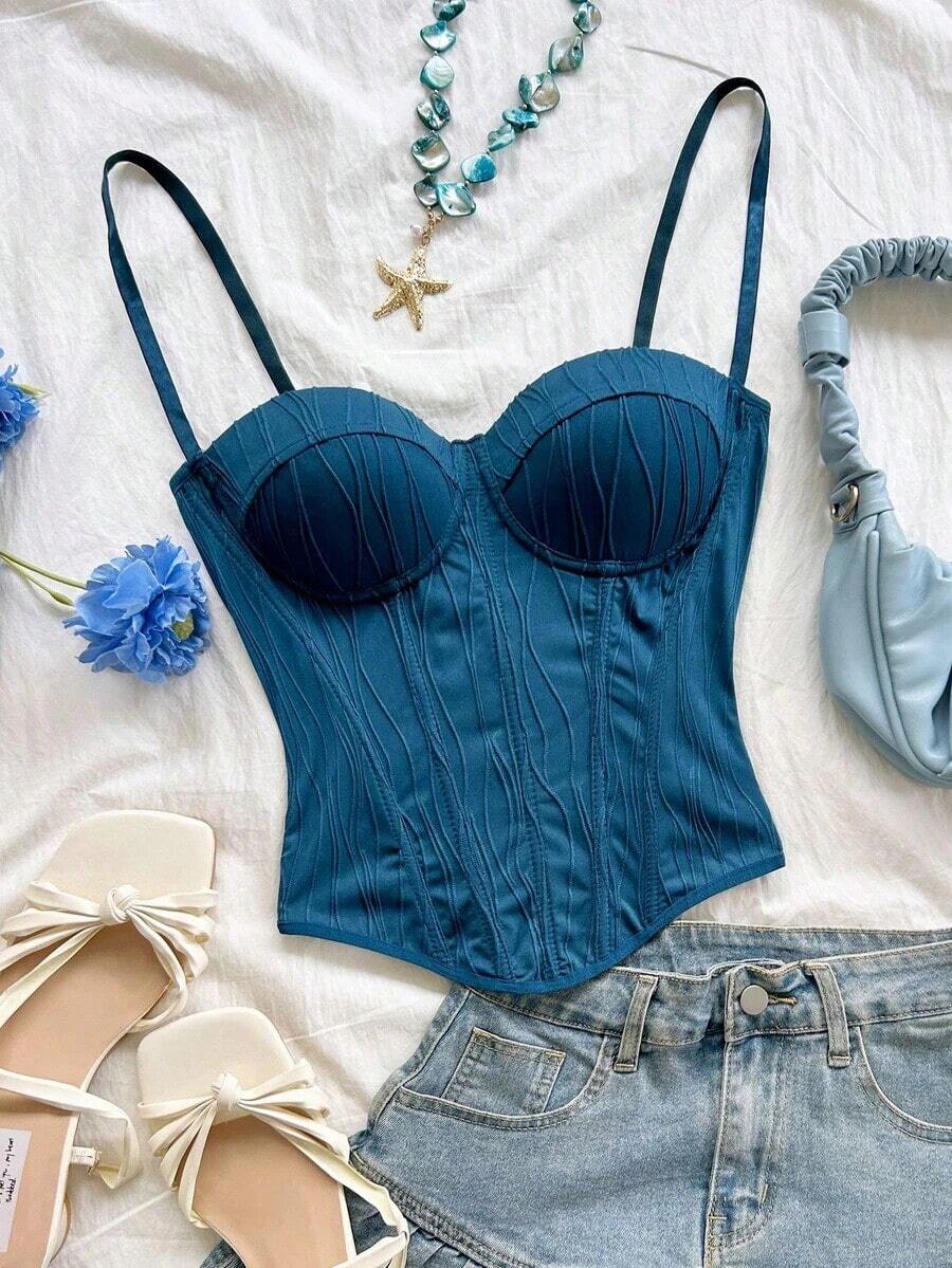Camiseta de mujer  con textura de punto de onda, parte superior de mujer, playa, , sexy, cita, vacaciones en la playa, cita de vacaciones, té de la tarde, temporada de bodas, crucero de playa y , vacaciones en la ciudad, vacaciones bohemias, festiva - azul real - Ver 1