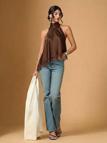 Blusa elegante de cuello halter con bajo asimétrico y encaje de contraste de unicolor para mujer - Marrón - Ver 6