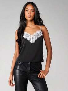 Top de satén con escote en V, tirantes finos, estilo elegante de camiseta, para primavera y verano - Negro - Ver 7