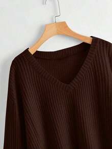 Camiseta de manga larga con cuello en V y hombros caídos para mujer,  Unity, de tela de forro polar suave para otoño. - Café integral - Ver 3