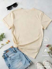 Cómodo Camiseta de cuello redondo y mangas cortas de ropa fashion, fabricada en México, para la temporada primavera-verano . Con estampado de dibujos animados, es un modelo de pareja, apta para usar tanto por dentro como por fuera, ideal para oficina y estilo casual, diseñada para hombres y mujeres, en unidad individual, playeras de mujer algodon - Albaricoque - Ver 2