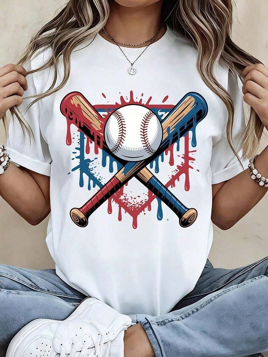 1 Piece Of Women's Crew Neck T-Shirt With Baseball Bat And Ball Graphic Print, Short Sleeve, Casual Wear For Sports Fans And Everyday Outfits, 180g, 100% Cotton. - 白色 - 查看 1
