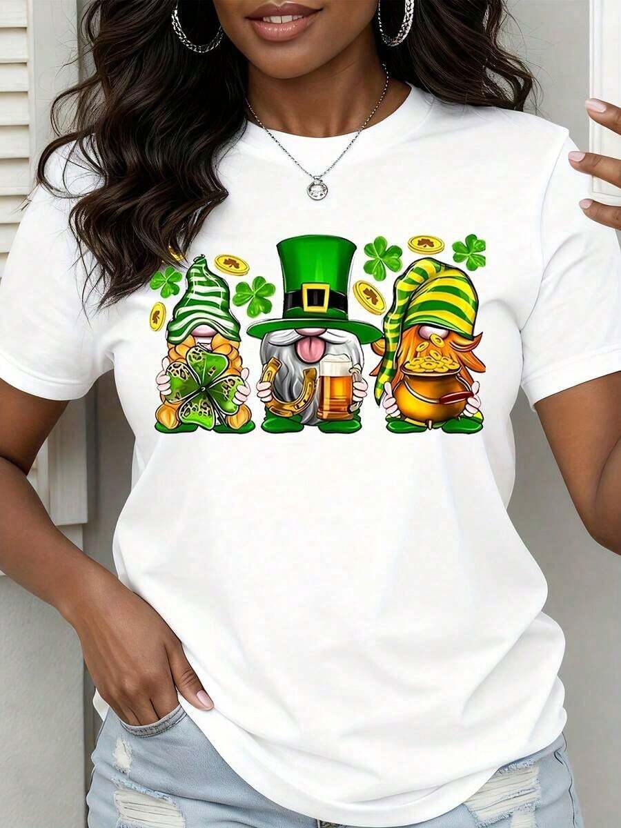 1 Piece St. Patrick's Day Leprechaun Gnome T-Shirt, Lucky Shamrock, Beer, Gold Chest, Festive Costume T-Shirt For Women, 180g 100% Cotton - 白色 - 查看 1