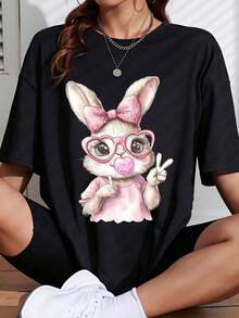 1 Piece Of T-Shirt With Adorable Bunny Print, Black And Pink Bow Design And Glasses, For Casual And Everyday Style, 180g, 100% Cotton. - 黑色 - 查看 7